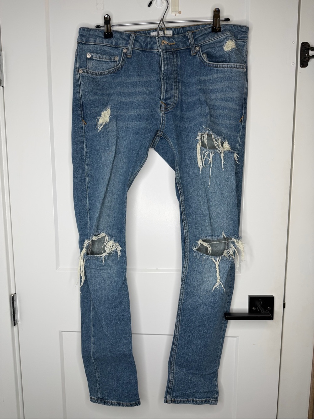 Topman Blue Distressed Skinny Jeans 32/32, 30” inseam